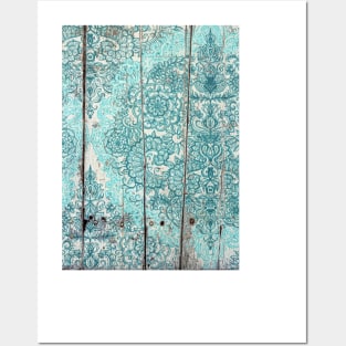 Teal & Aqua Botanical Doodle on Weathered Wood Posters and Art